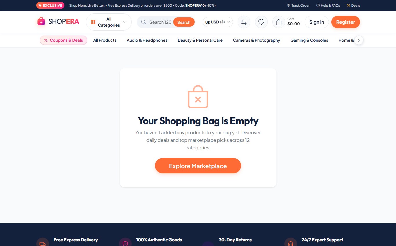 SHOPERA desktop shopping cart showing its empty state and marketplace link