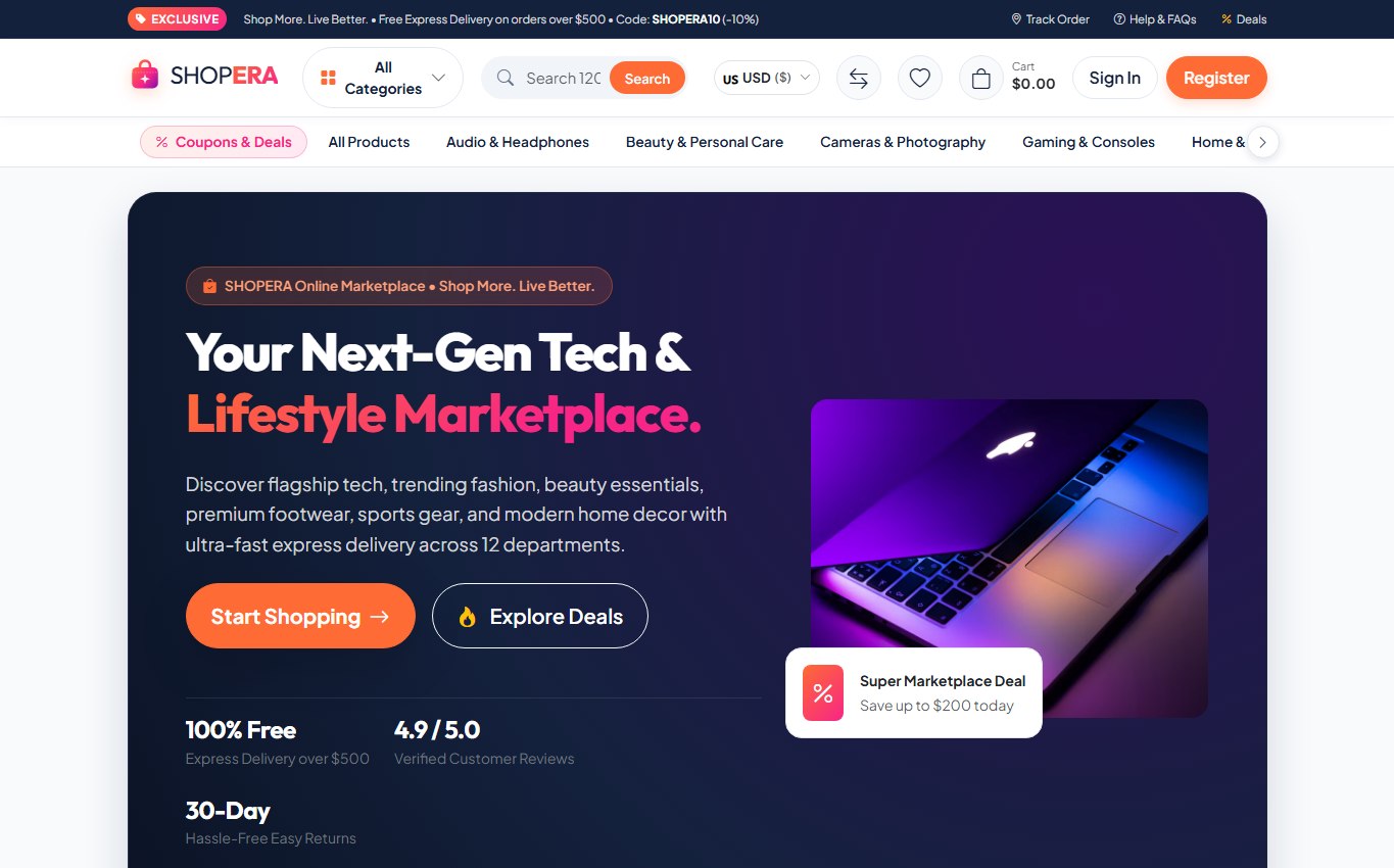 SHOPERA marketplace homepage displayed in a desktop browser