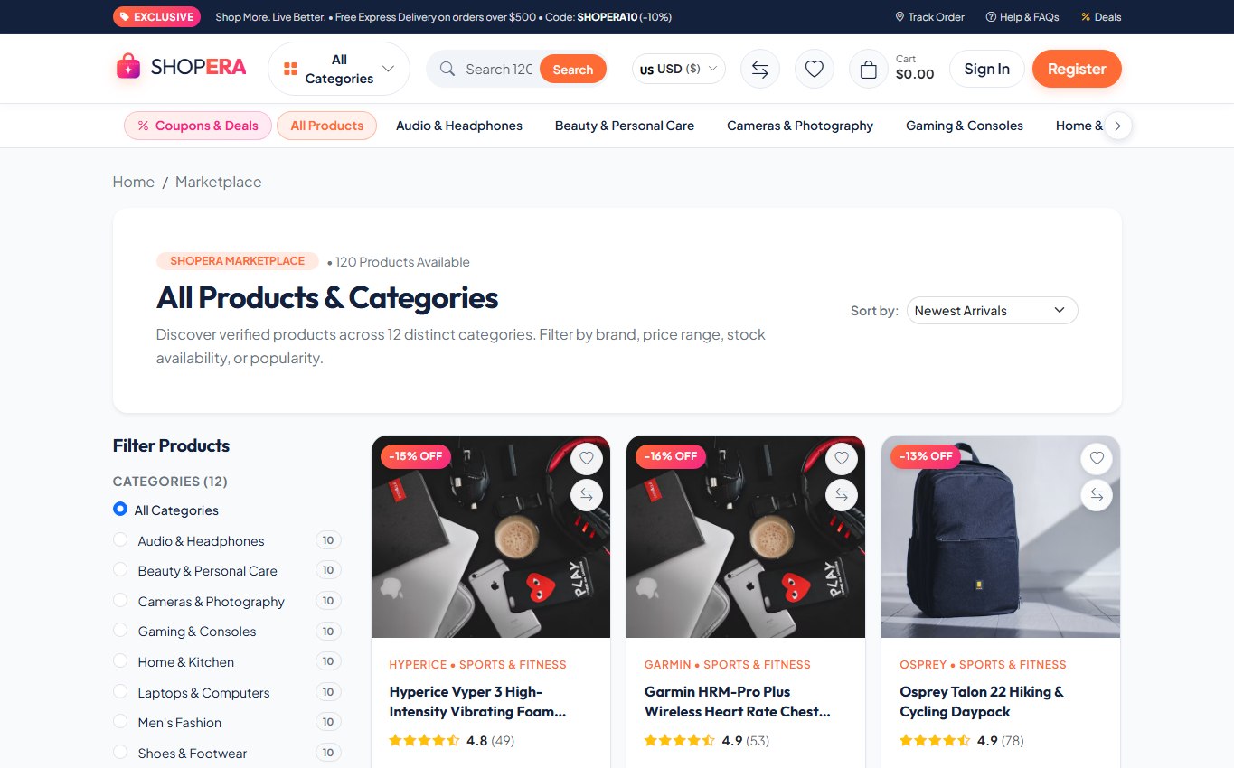 SHOPERA desktop product catalogue with category filters and product cards